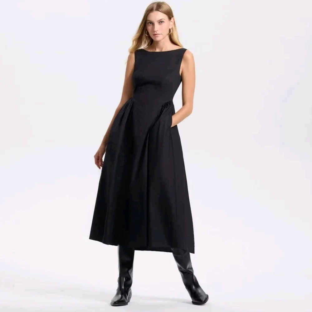 NWT Black Cap Sleeve Gathered Waist Midi Dress Size XXL